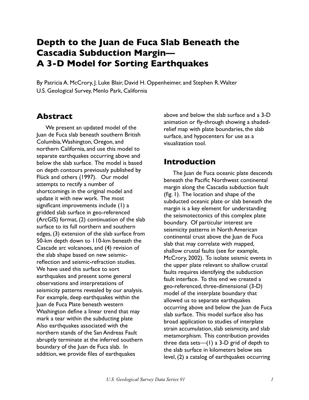 Depth to the Juan De Fuca Slab Beneath the Cascadia Subduction Margin— a 3-D Model for Sorting Earthquakes