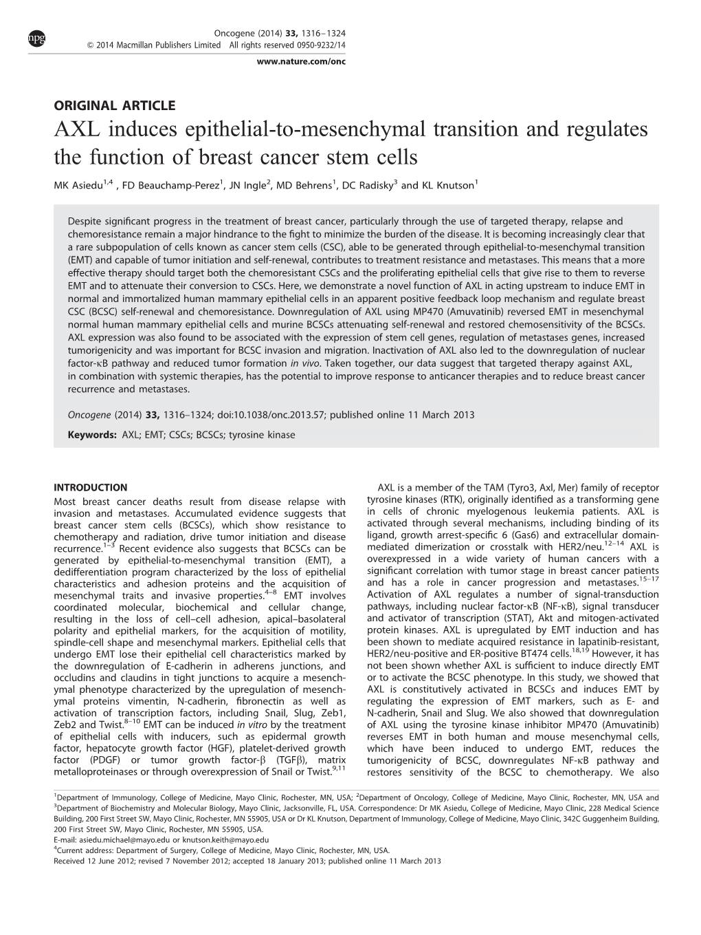 AXL Induces Epithelial-To-Mesenchymal Transition and Regulates the Function of Breast Cancer Stem Cells