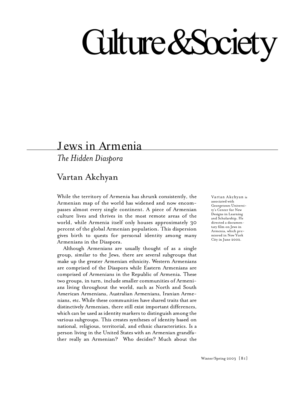 Jews in Armenia the Hidden Diaspora Vartan Akchyan