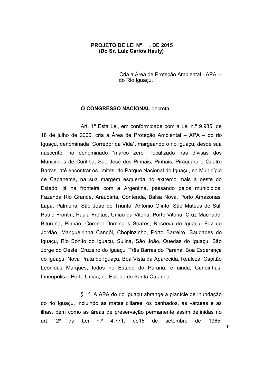 Cria a Área De Proteção Ambiental - APA – Do Rio Iguaçu