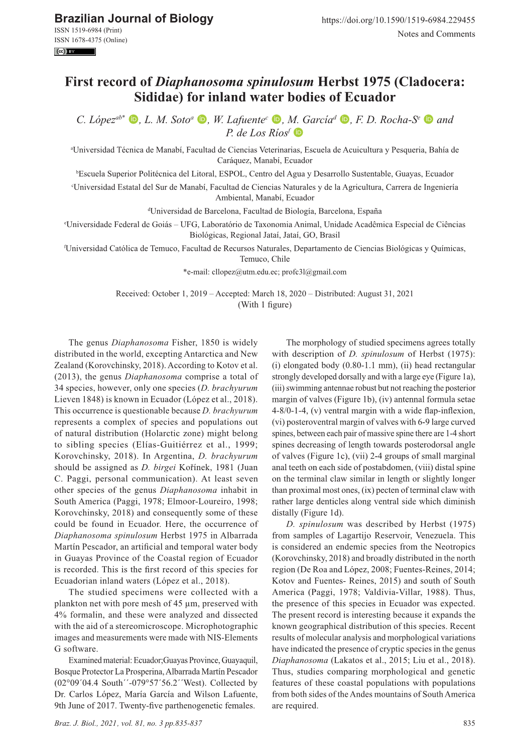 First Record of Diaphanosoma Spinulosum Herbst 1975 (Cladocera: Sididae) for Inland Water Bodies of Ecuador C