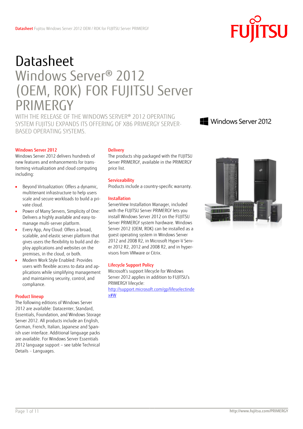 Datasheet Windows Server® 2012 (OEM, ROK) for FUJITSU Server PRIMERGY