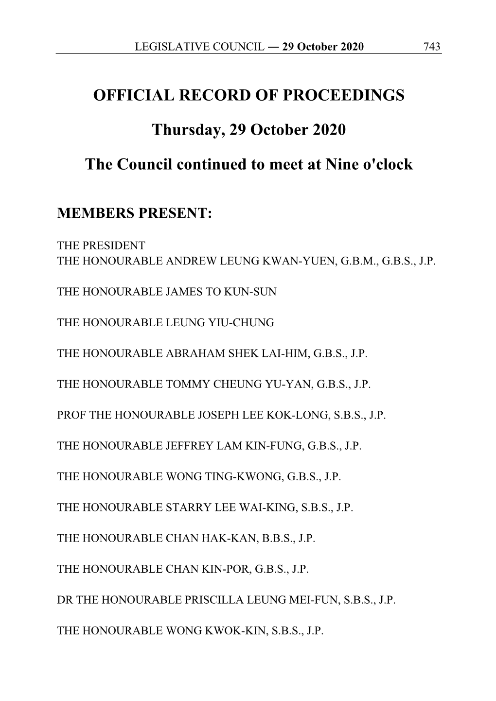 OFFICIAL RECORD of PROCEEDINGS Thursday, 29