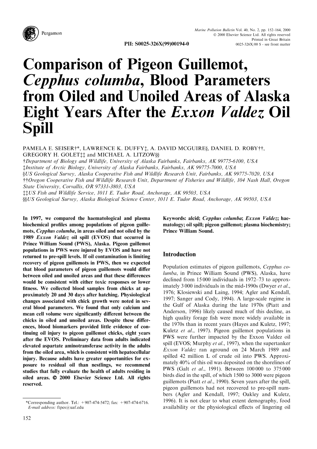 Comparison of Pigeon Guillemot, Cepphus Columba, Blood Parameters from Oiled and Unoiled Areas of Alaska Eight Years After the Exxon Valdez Oil Spill