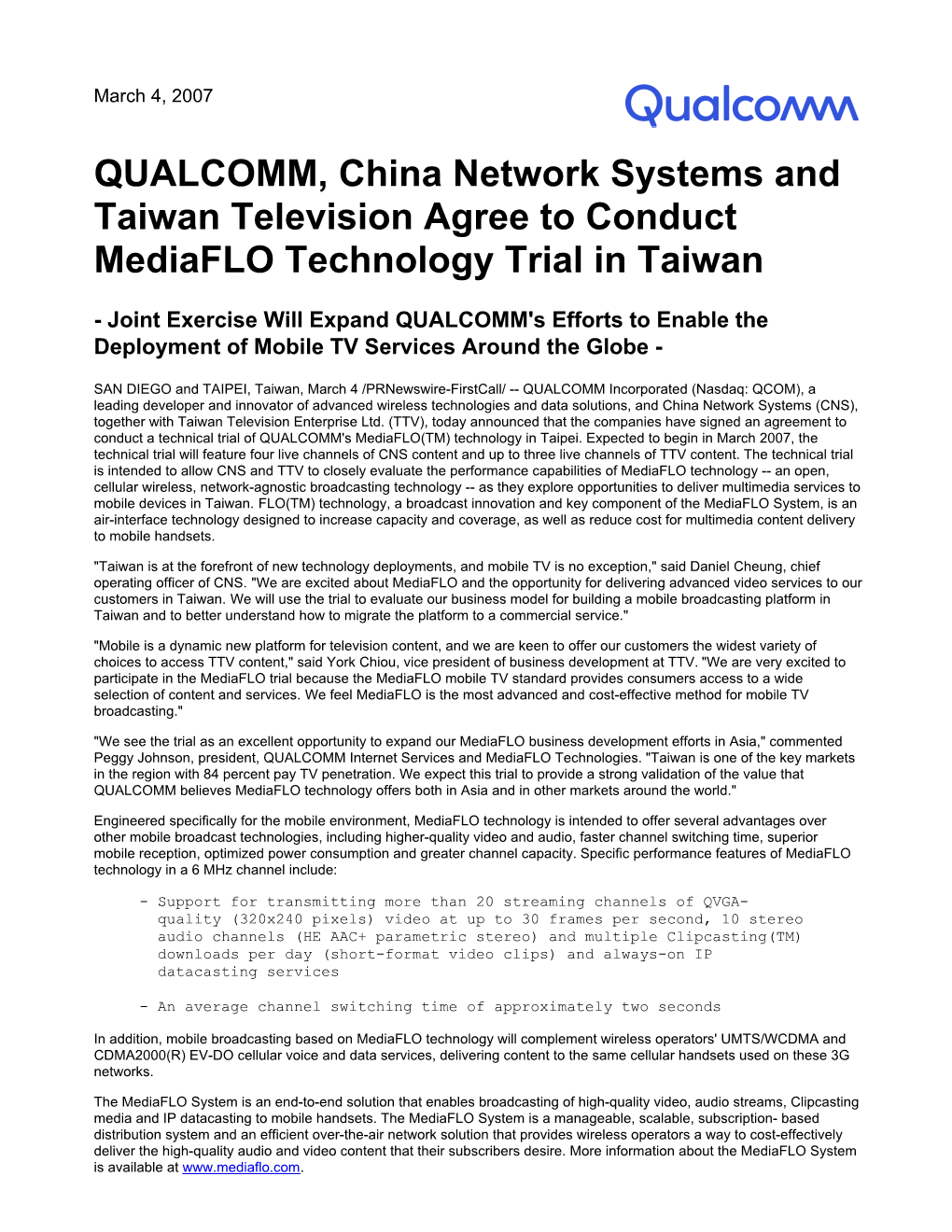 QUALCOMM, China Network Systems and Taiwan Television Agree to Conduct Mediaflo Technology Trial in Taiwan