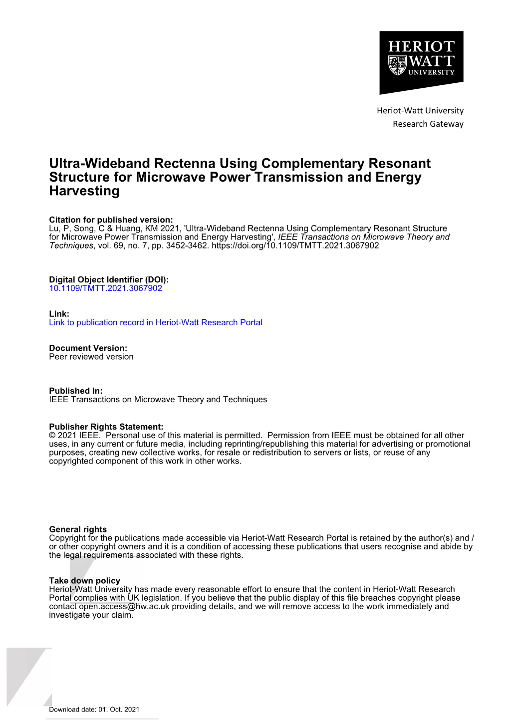 Ultra-Wideband Rectenna Using Complementary Resonant Structure