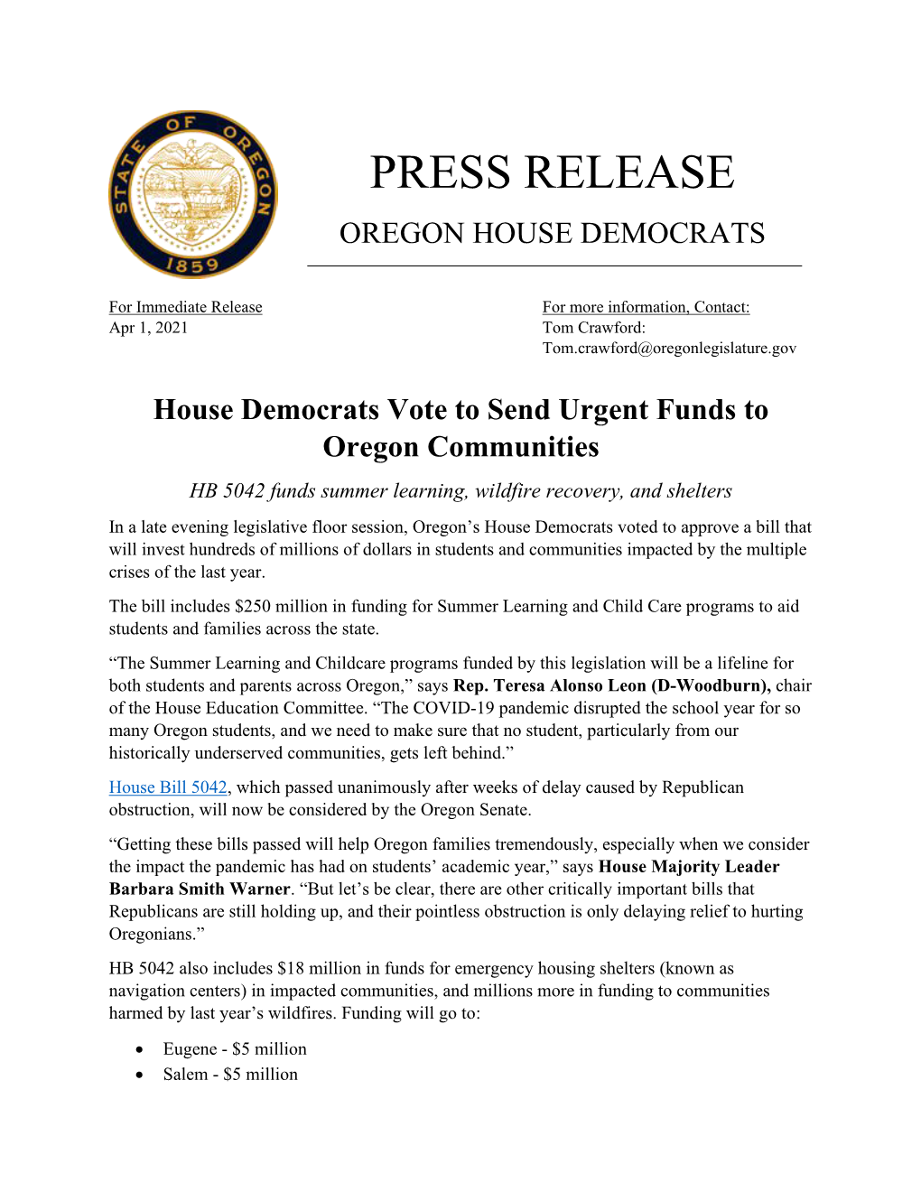 Press Release Oregon House Democrats