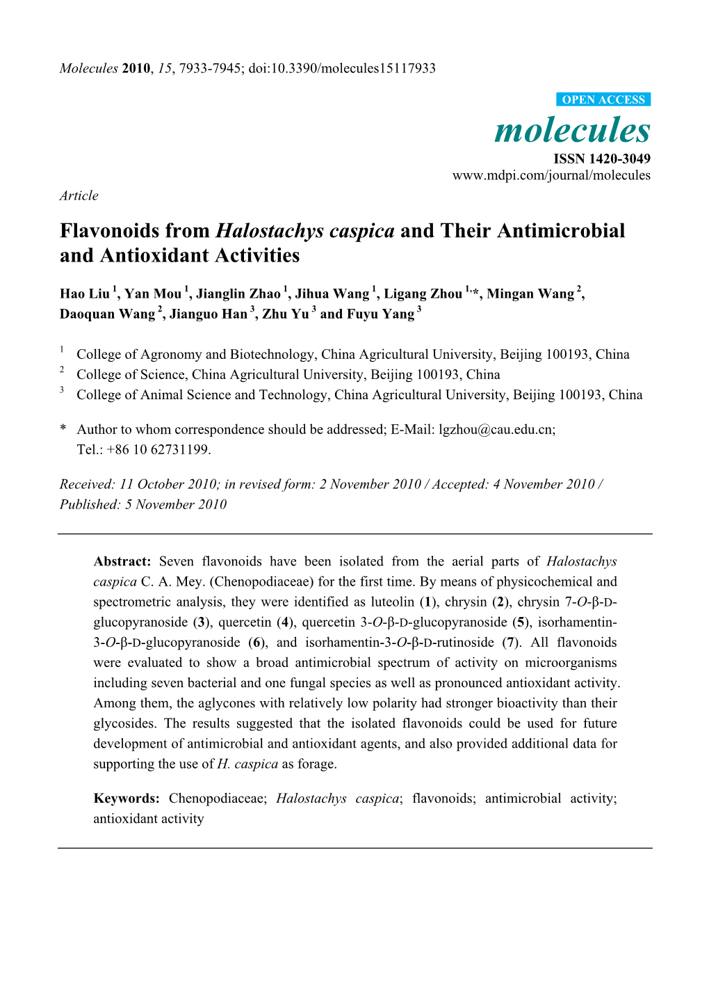 Flavonoids from Halostachys Caspica and Their Antimicrobial and Antioxidant Activities