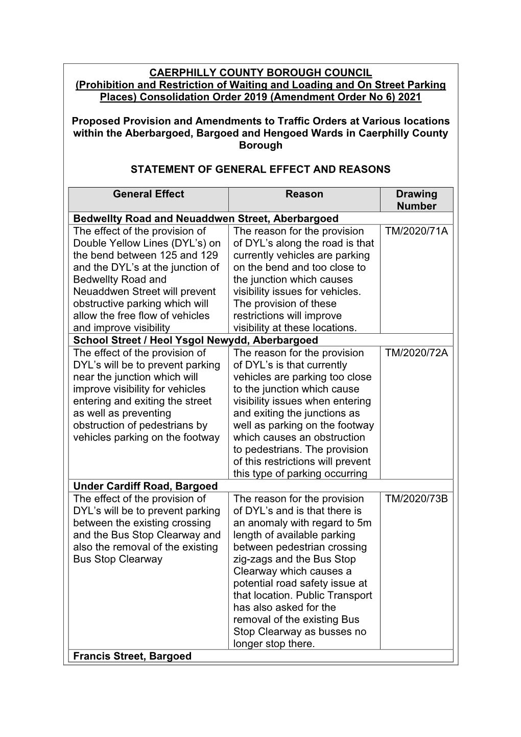 CAERPHILLY COUNTY BOROUGH COUNCIL (Prohibition and Restriction of Waiting and Loading and on Street Parking Places) Consolidatio