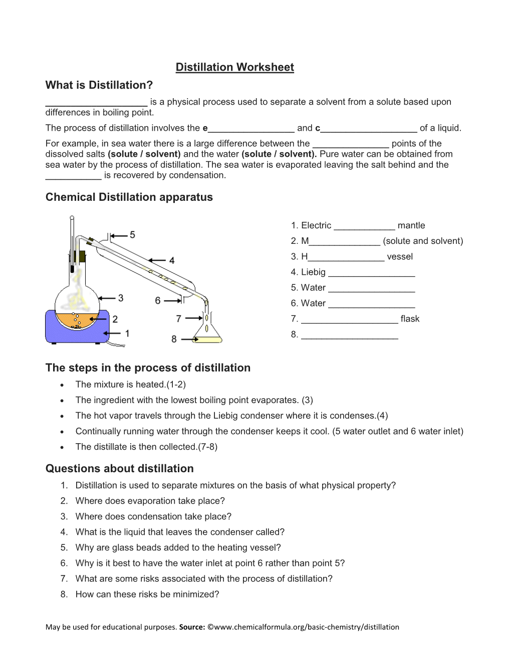 Distillation Worksheet What Is Distillation? ______Is a Physical Process Used to Separate a Solvent from a Solute Based Upon Differences in Boiling Point