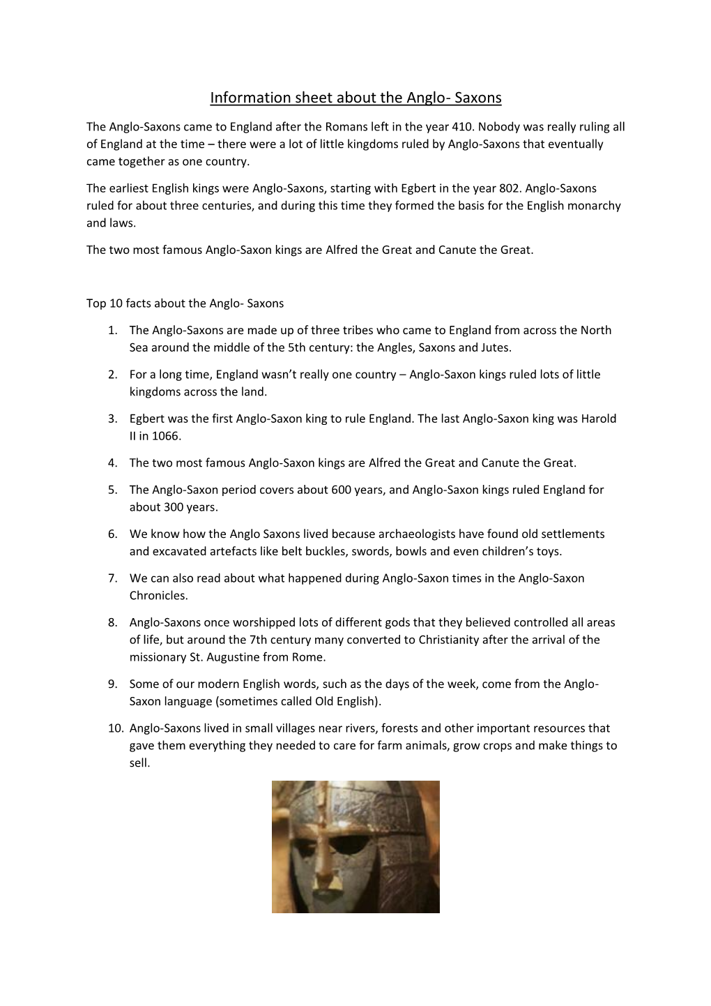 Information Sheet About the Anglo- Saxons