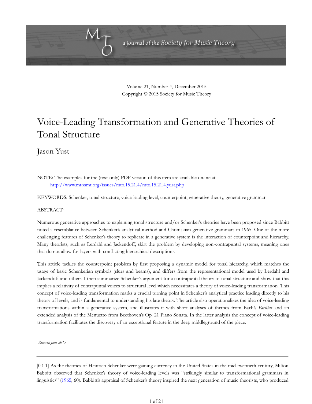 MTO 21.4: Yust, Voice-Leading Transformation and Generative