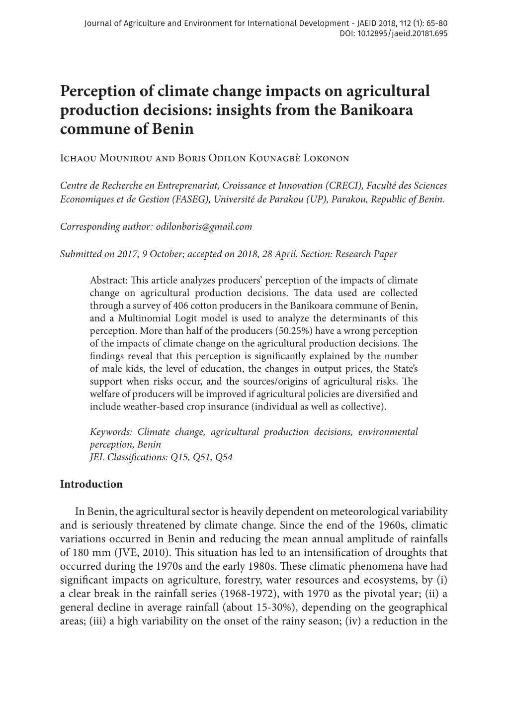 Perception of Climate Change Impacts on Agricultural Production Decisions: Insights from the Banikoara Commune of Benin