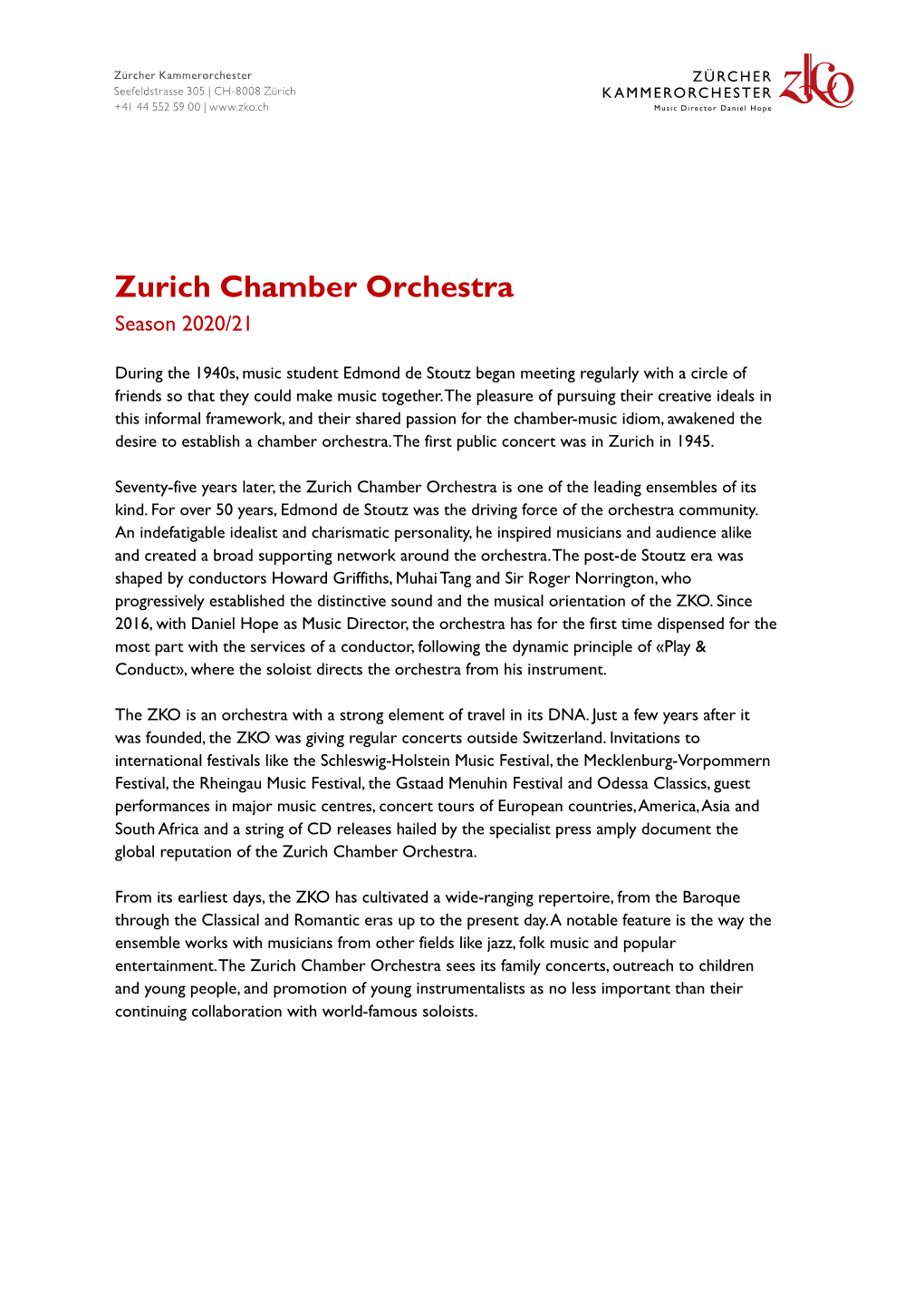 Zurich Chamber Orchestra Season 2020/21