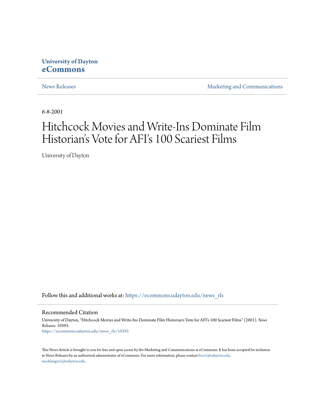 Hitchcock Movies and Write-Ins Dominate Film Historian's Vote for AFI's 100 Scariest Films University of Dayton