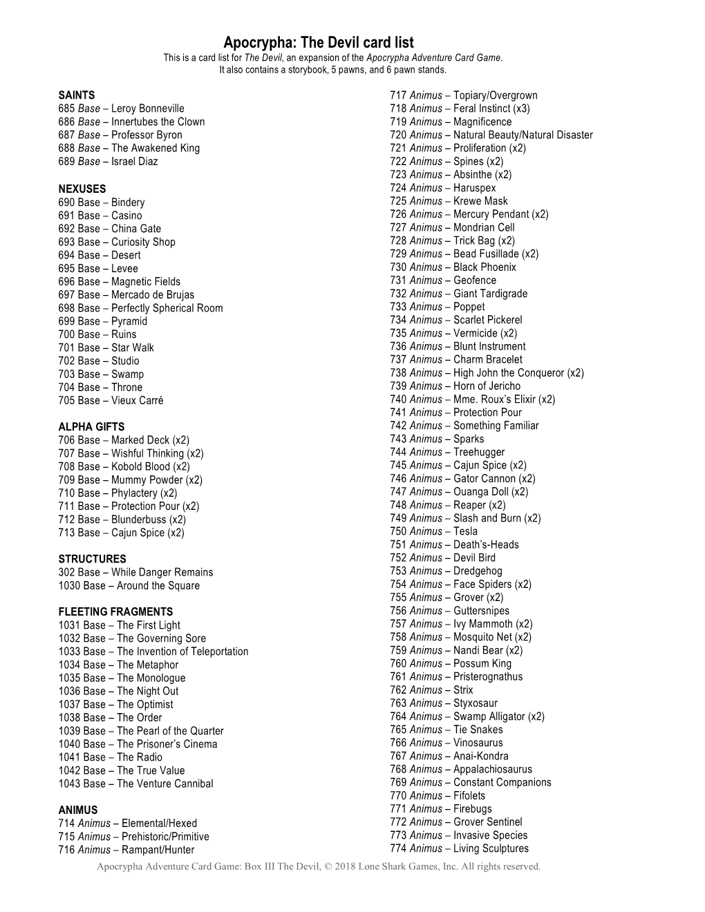 Apocrypha: the Devil Card List This Is a Card List for the Devil, an Expansion of the Apocrypha Adventure Card Game