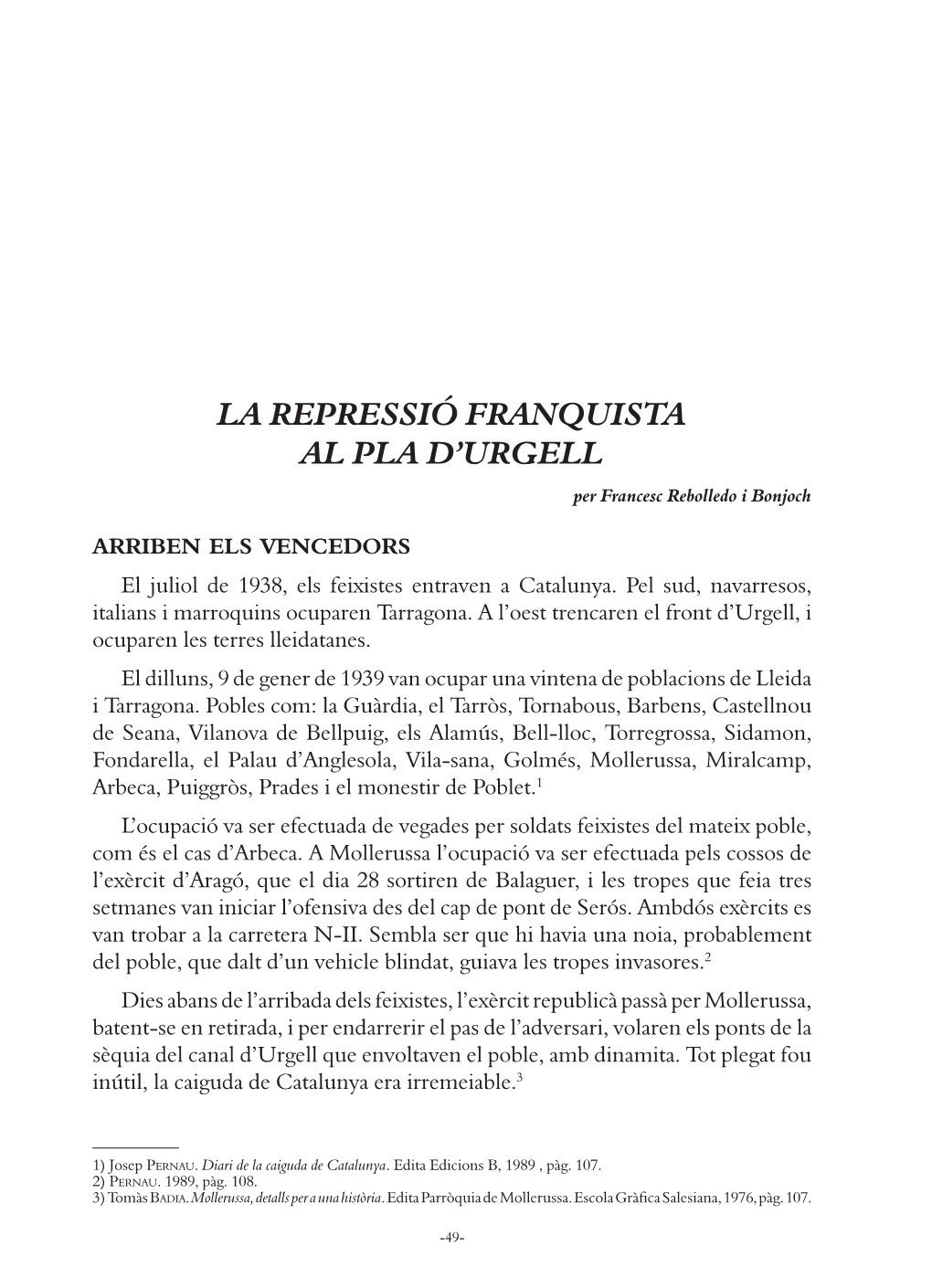 La Repressió Franquista Al Pla D'urgell