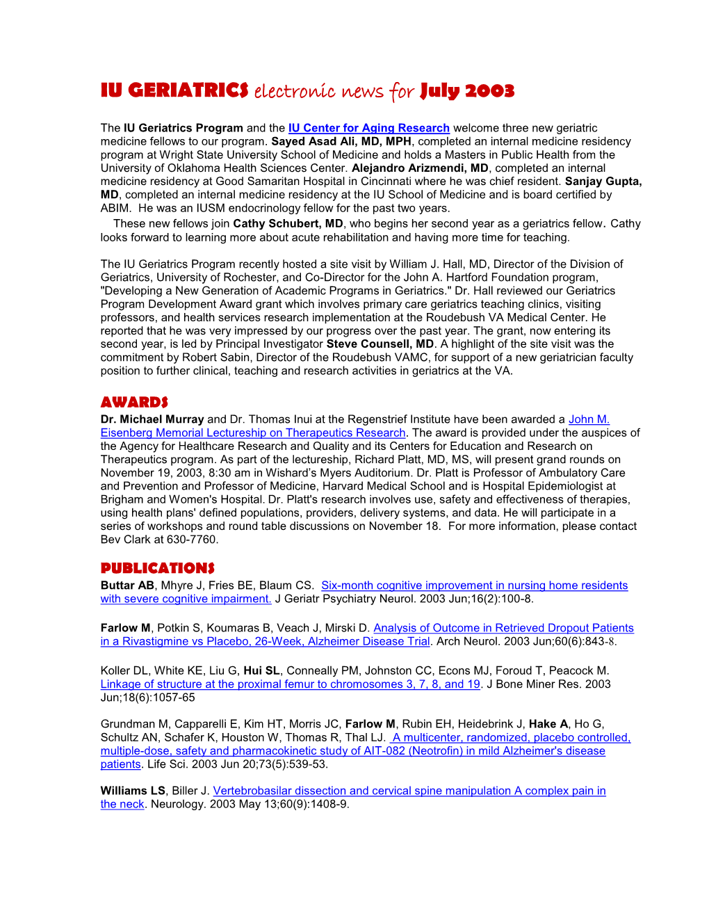 IU GERIATRICS Electronic News for July 2003