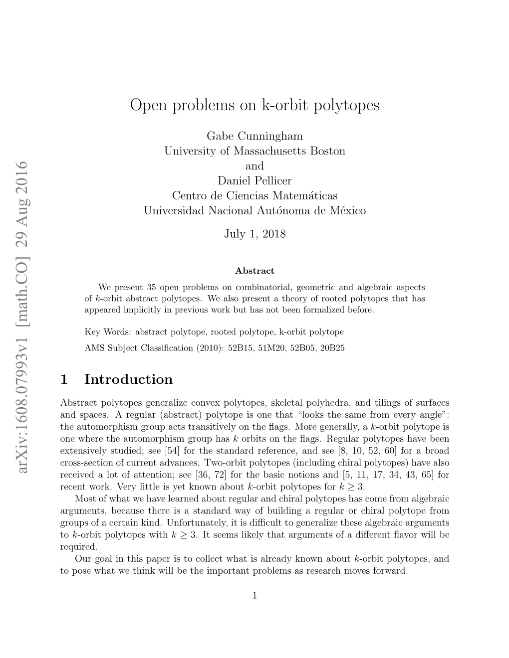 Open Problems on K-Orbit Polytopes Arxiv:1608.07993V1 [Math.CO] 29