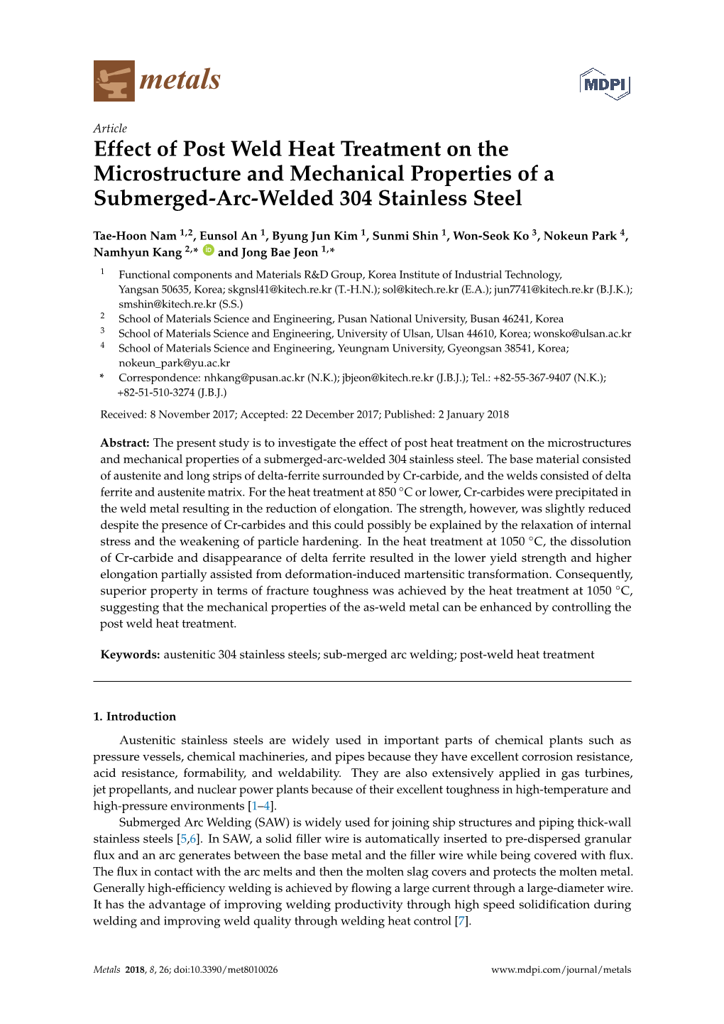 Effect of Post Weld Heat Treatment on the Microstructure and Mechanical Properties of a Submerged-Arc-Welded 304 Stainless Steel