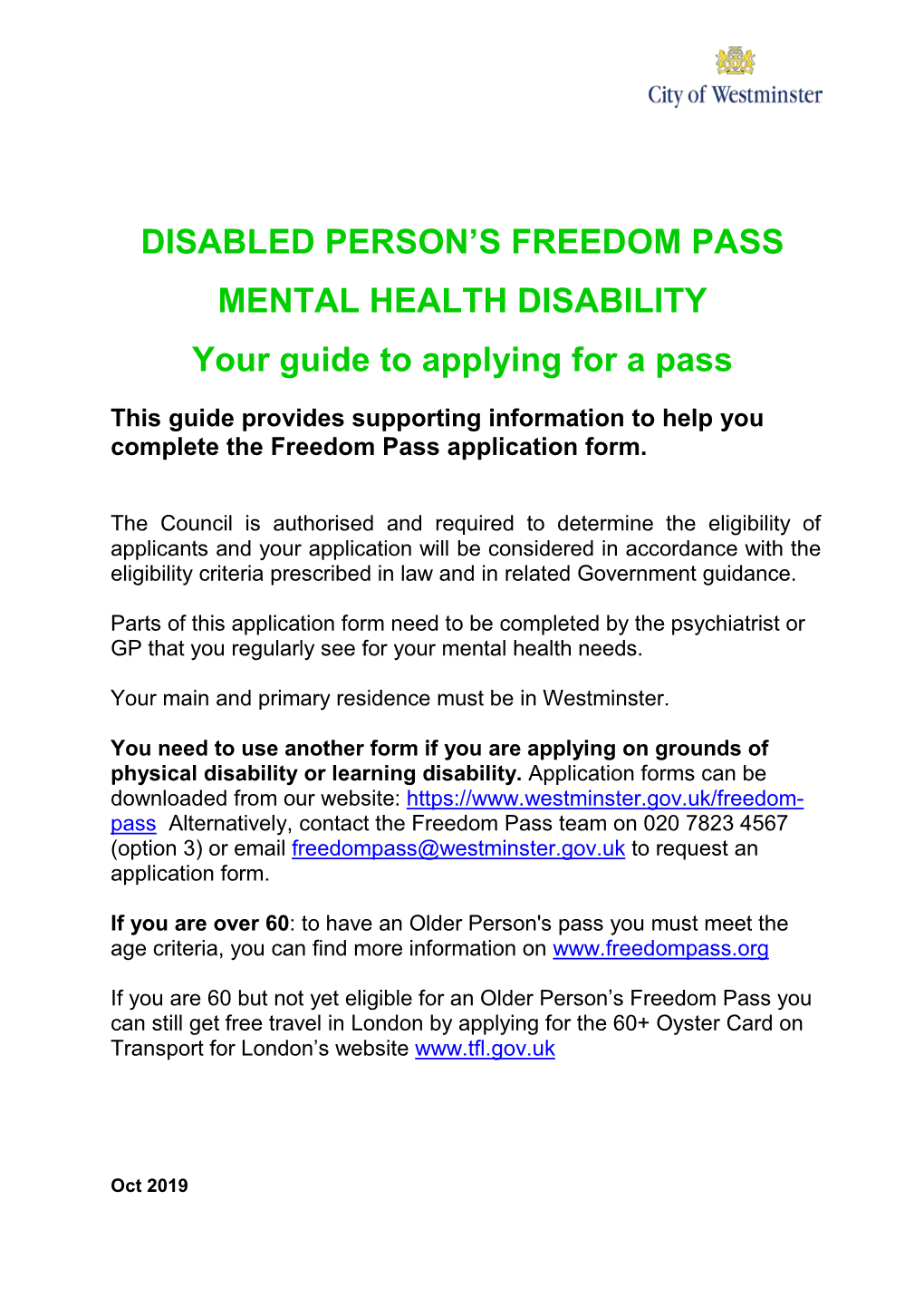 FREEDOM PASS MENTAL HEALTH DISABILITY Your Guide to Applying for a Pass