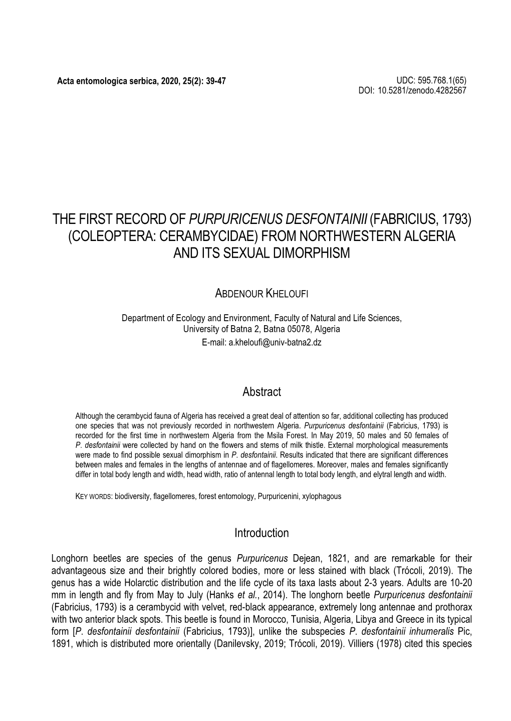 Coleoptera: Cerambycidae) from Northwestern Algeria and Its Sexual Dimorphism