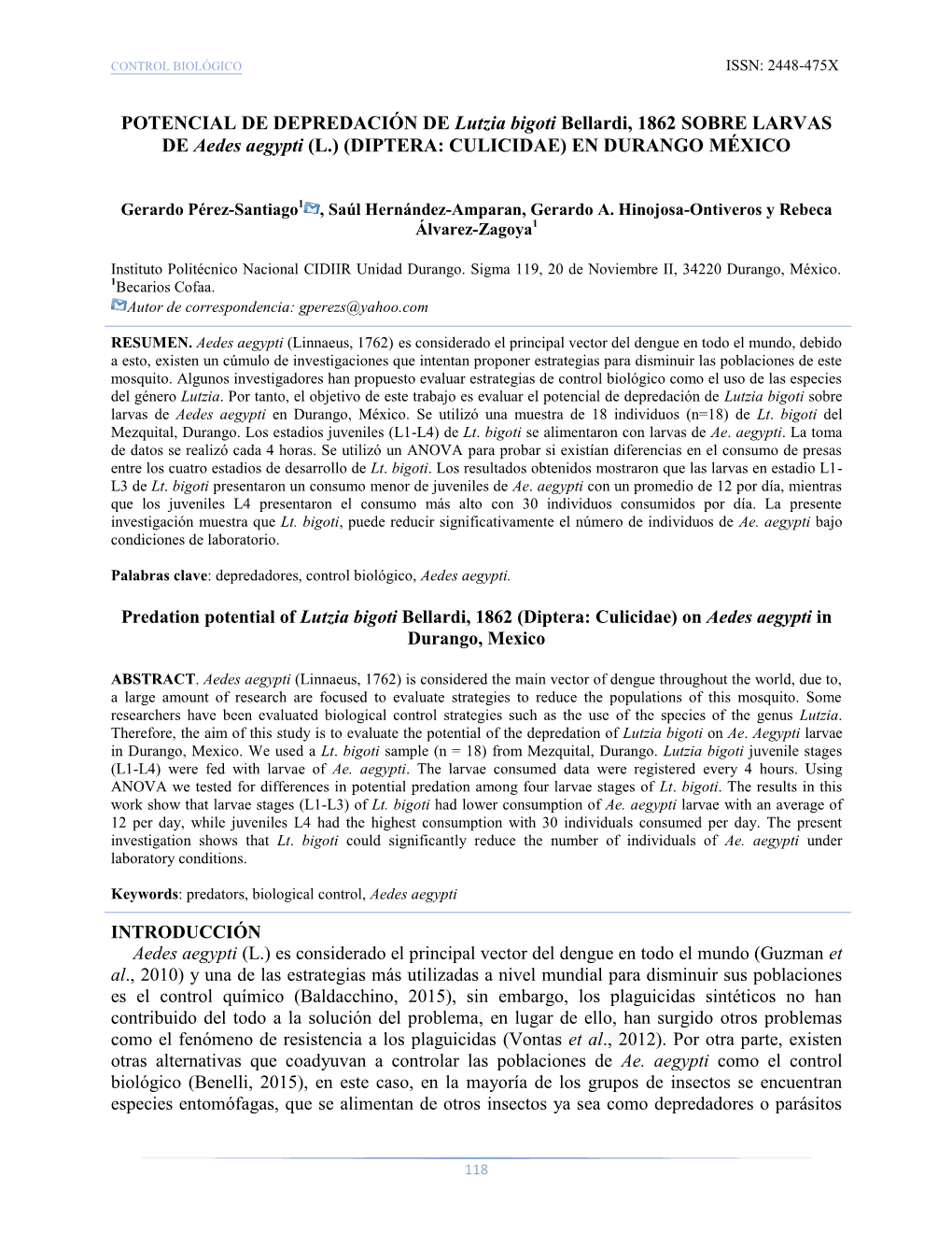 POTENCIAL DE DEPREDACIÓN DE Lutzia Bigoti Bellardi, 1862 SOBRE LARVAS DE Aedes Aegypti (L.) (DIPTERA: CULICIDAE) EN DURANGO MÉXICO