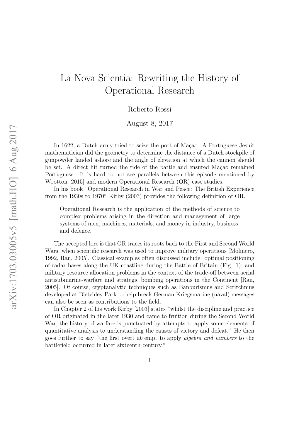 La Nova Scientia: Rewriting the History of Operational Research Arxiv:1703.03005V5 [Math.HO] 6 Aug 2017