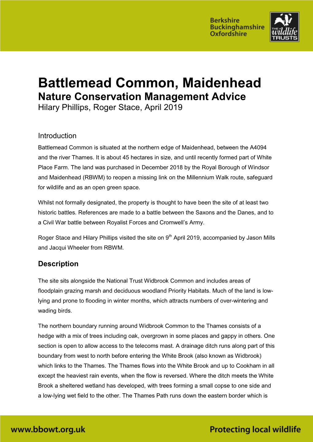 Battlemead Common, Maidenhead Nature Conservation Management Advice Hilary Phillips, Roger Stace, April 2019