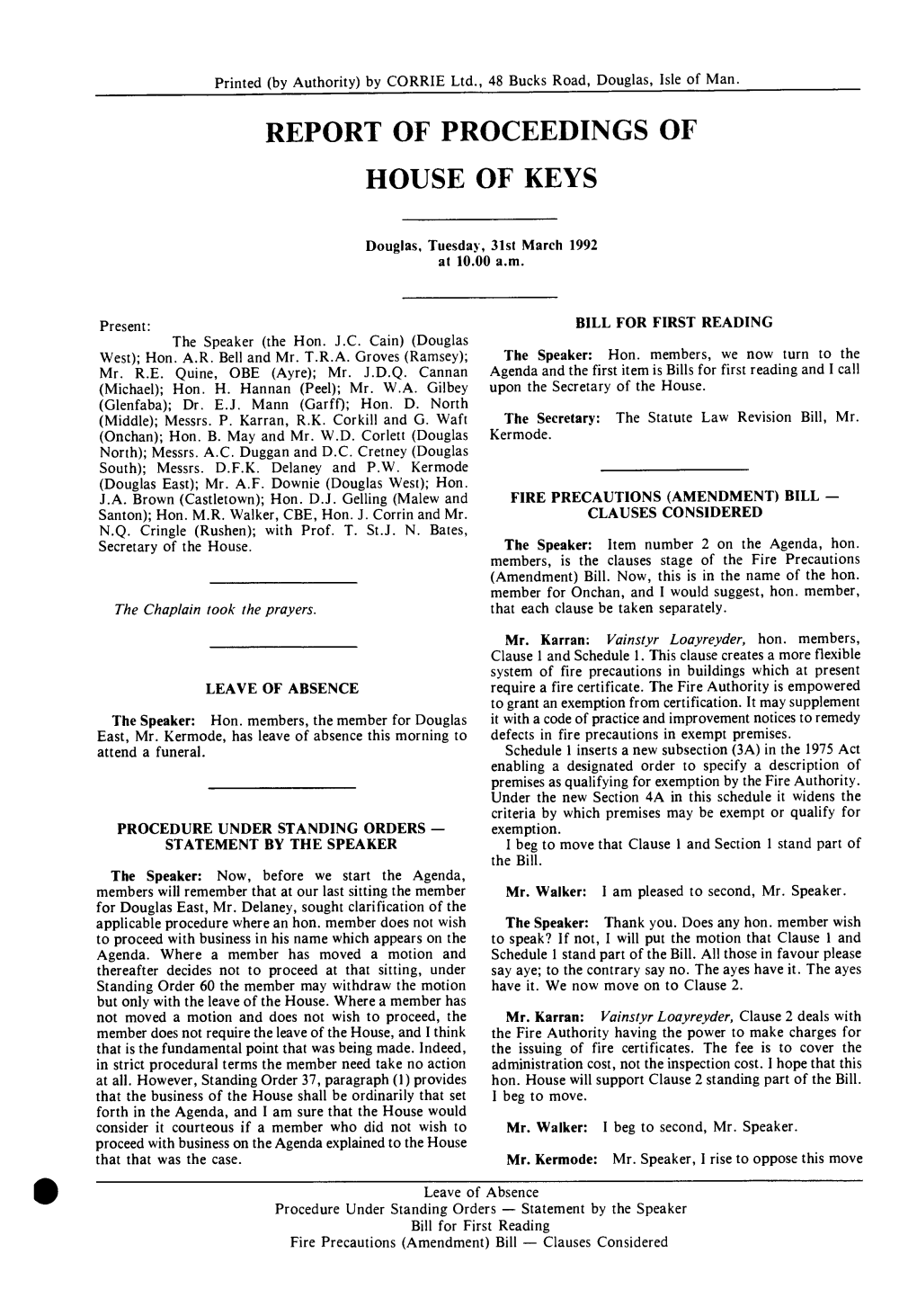 Report of Proceedings of House of Keys