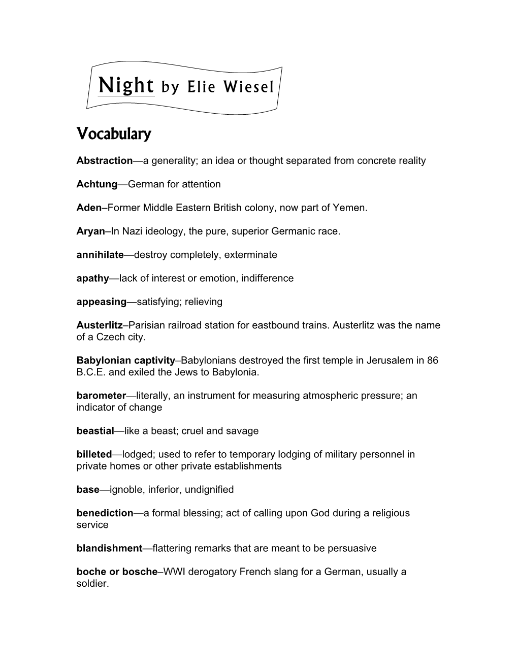 Night by Elie Wiesel Vocabulary