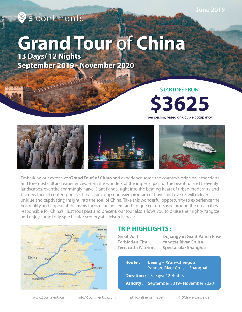 Grand Tour of China 13 Days/ 12 Nights September 2019 - November 2020