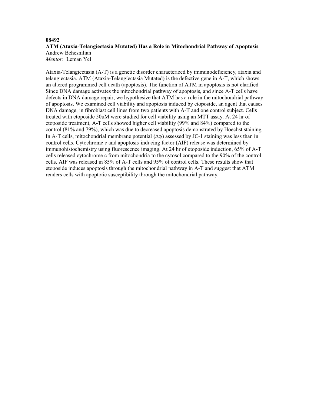 The Role of ATM (Ataxia-Telangiectasia Mutated) in the Mitochondrial Pathway of Apoptosis