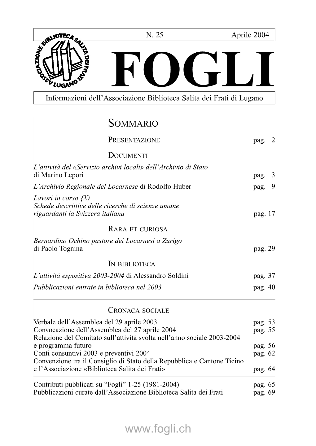 Fogli» N° 25 (2004)