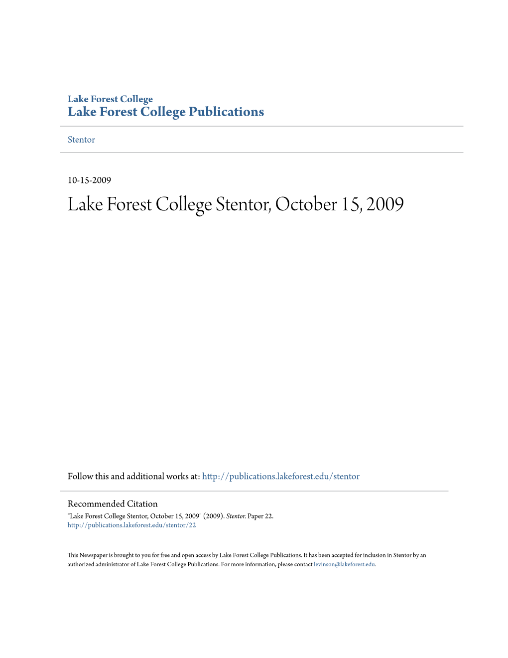 Lake Forest College Stentor, October 15, 2009