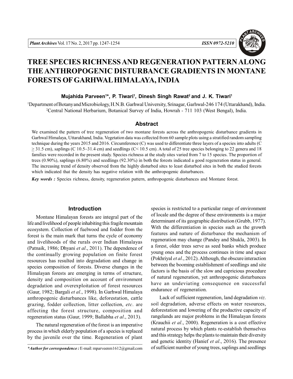 Tree Species Richness and Regeneration Pattern Along the Anthropogenic Disturbance Gradients in Montane Forests of Garhwal Himalaya, India