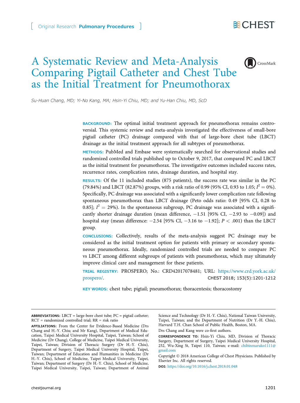 A Systematic Review and Meta-Analysis Comparing Pigtail Catheter and Chest Tube As the Initial Treatment for Pneumothorax