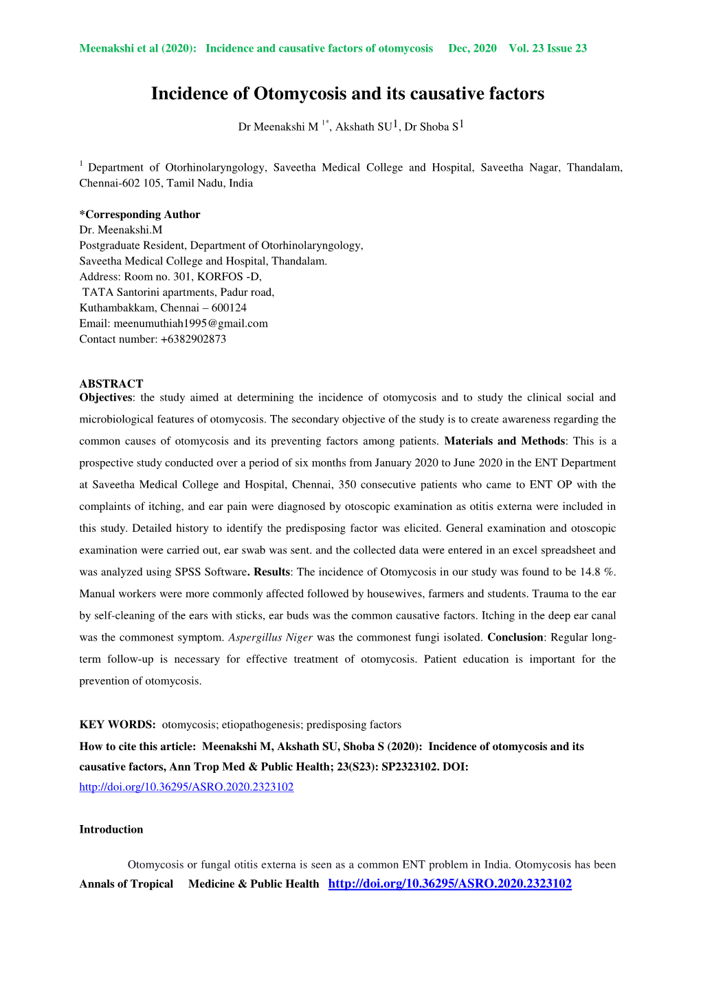 Incidence of Otomycosis and Its Causative Factors