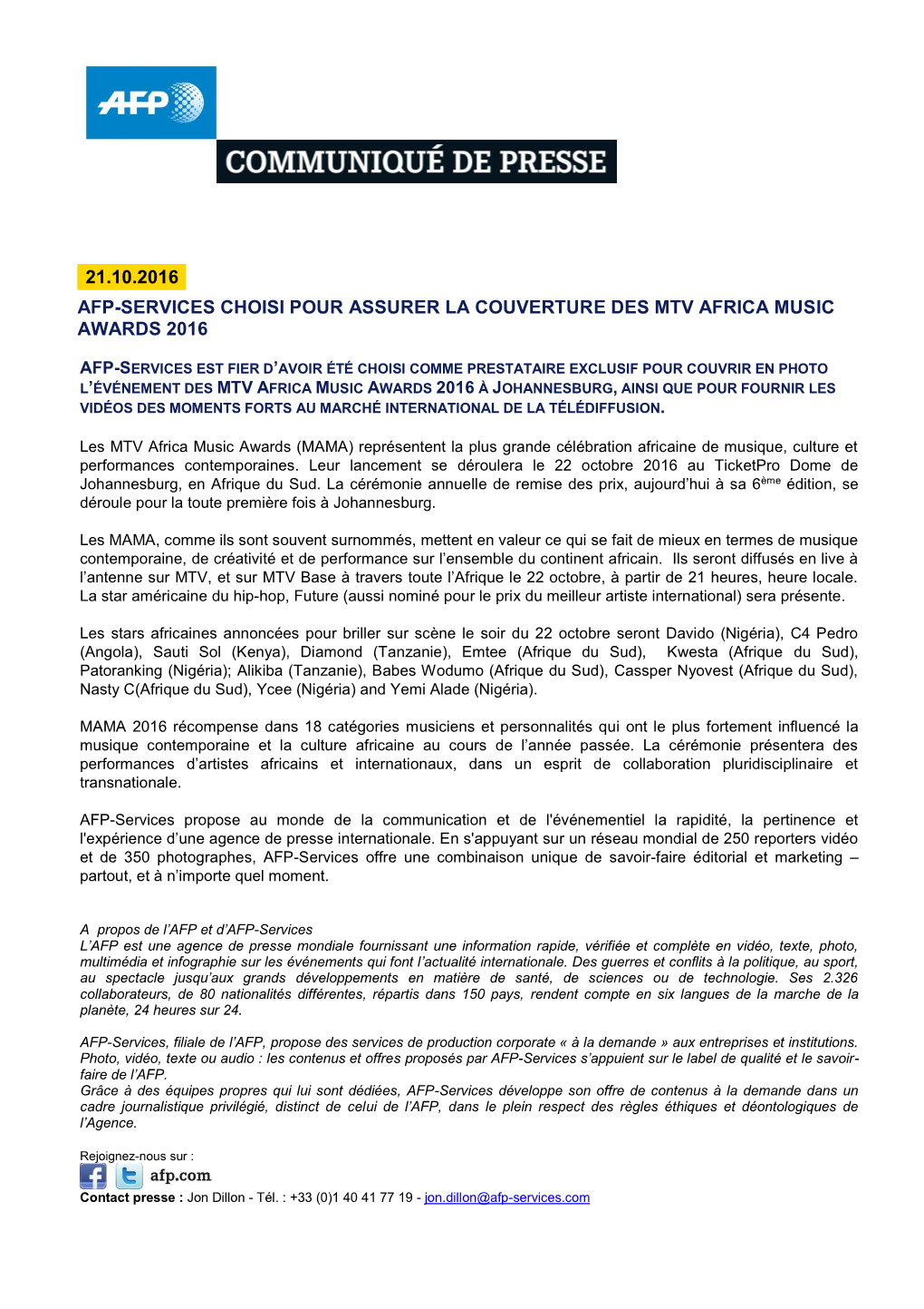21.10.2016 Afp-Services Choisi Pour Assurer La