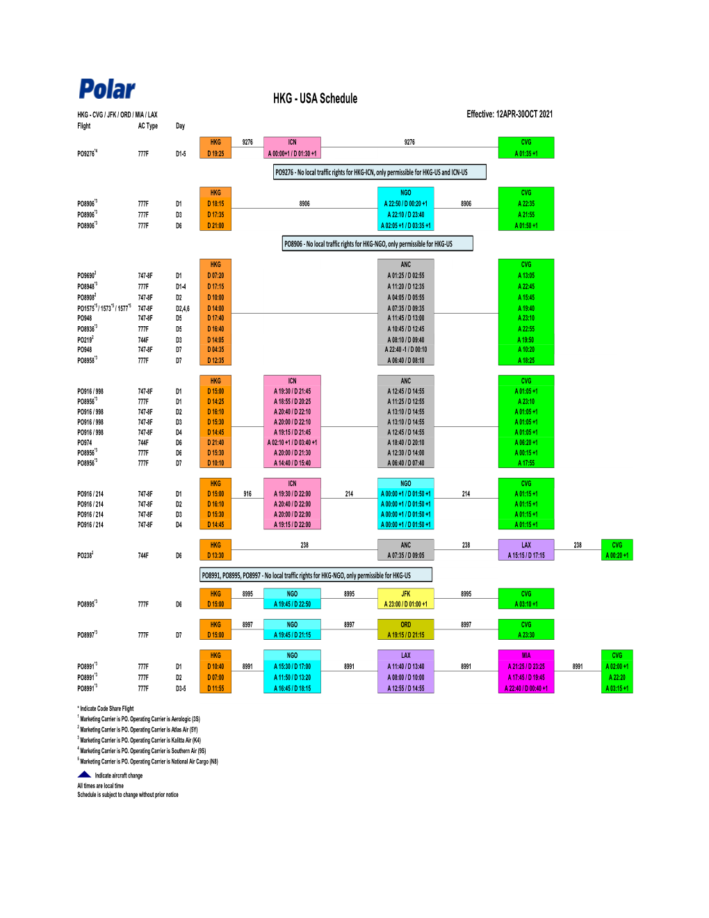 Summer 2021 Global Flight Schedule