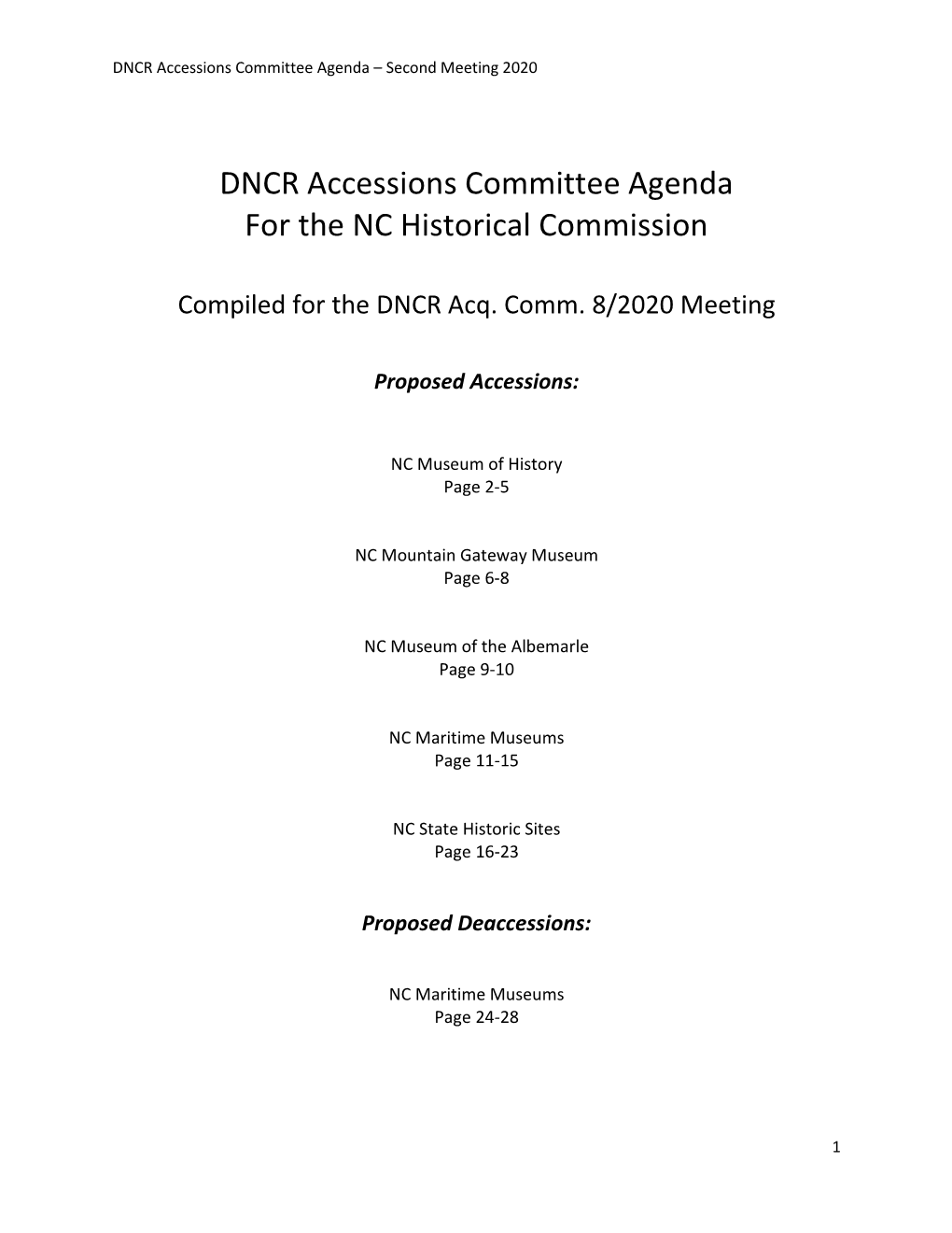 DNCR Accessions Committee Agenda for the NC Historical Commission