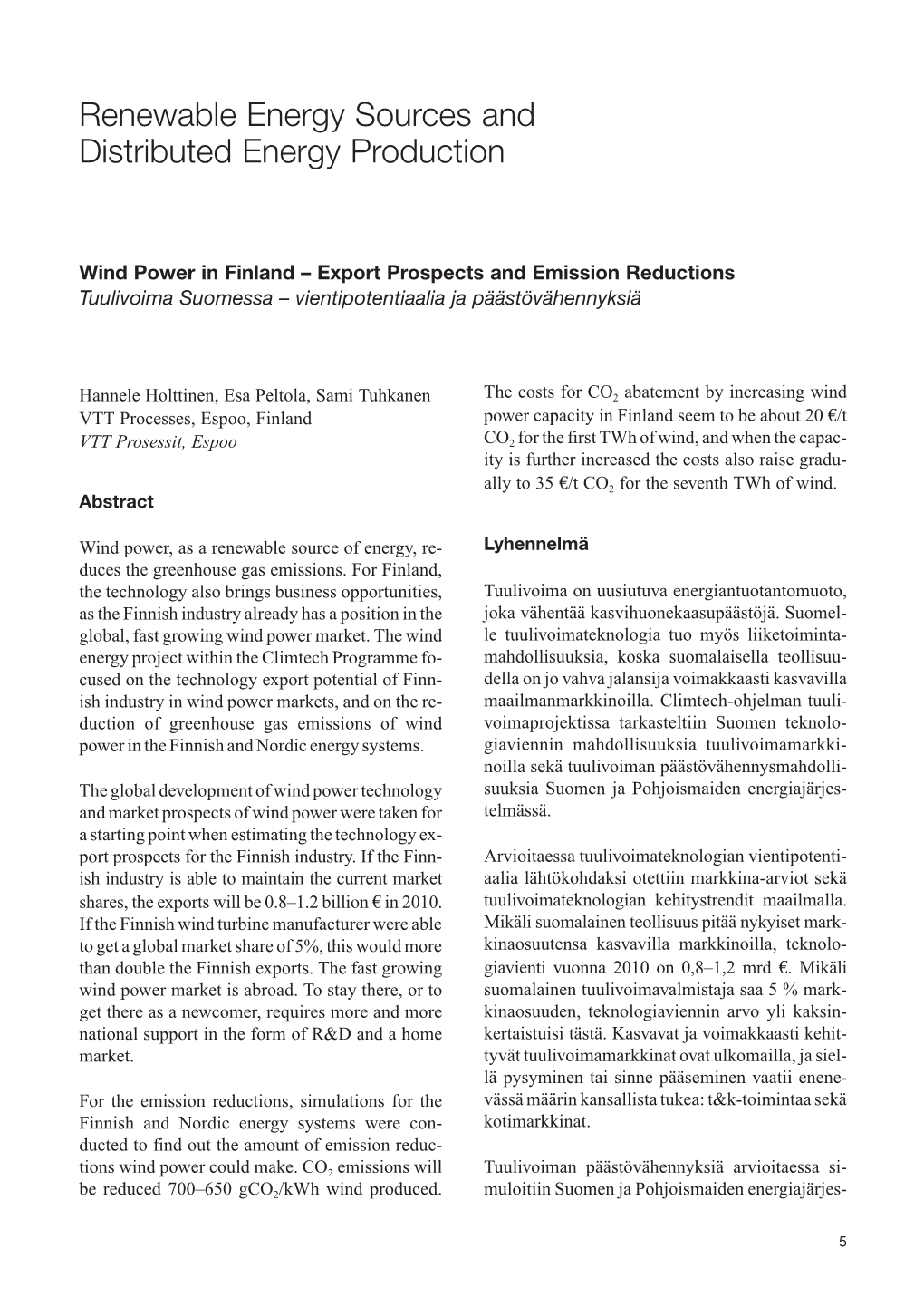 Renewable Energy Sources and Distributed Energy Production