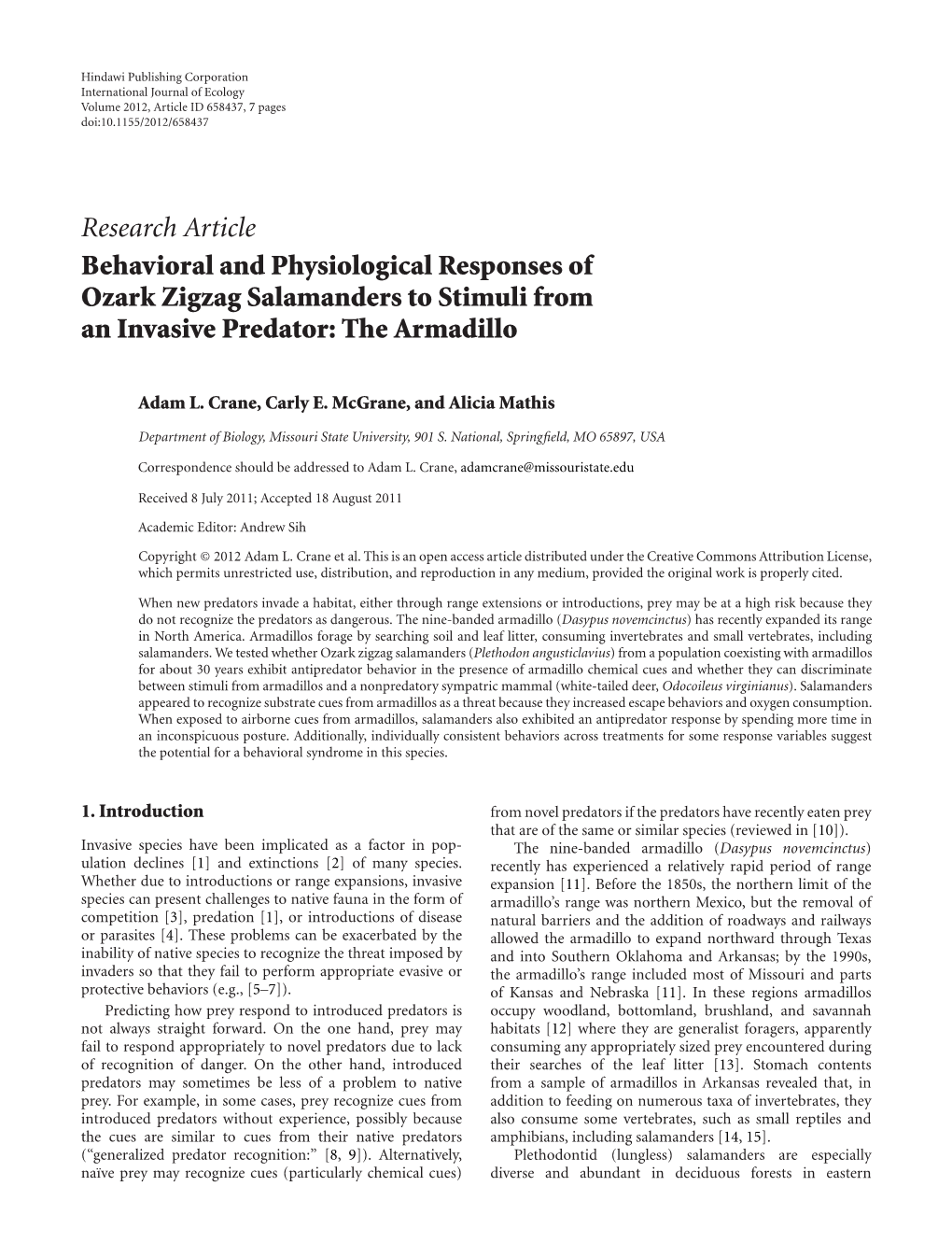 Research Article Behavioral and Physiological Responses of Ozark Zigzag Salamanders to Stimuli from an Invasive Predator: the Armadillo