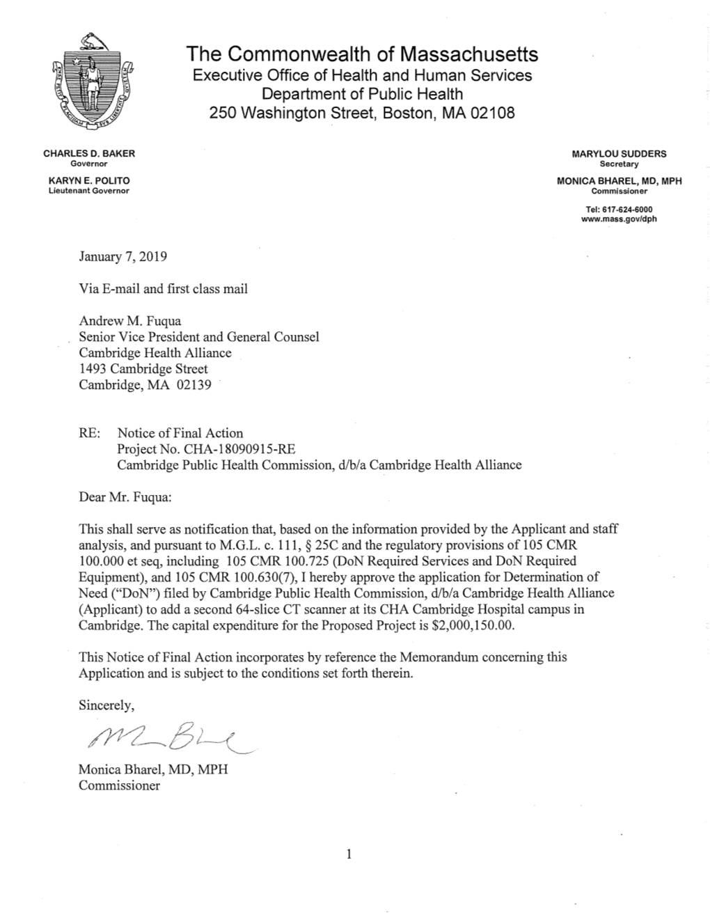 The Commonwealth of Massachusetts Executive Office of Health and Human Services Department of Public Health 250 Washington Street, Boston, MA 02108