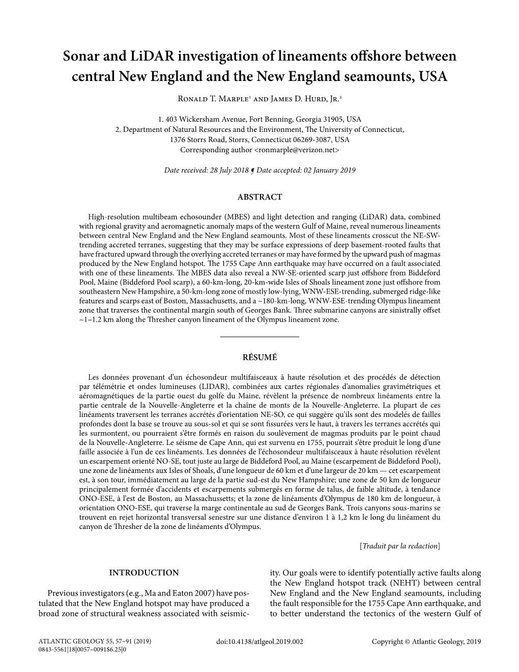 Sonar and Lidar Investigation of Lineaments Offshore Between Central New England and the New England Seamounts, USA