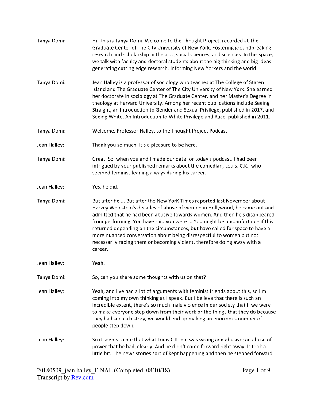 20180509 Jean Halley FINAL (Completed 08/10/18) Page 1 of 9 Transcript by Rev.Com and He Apologized