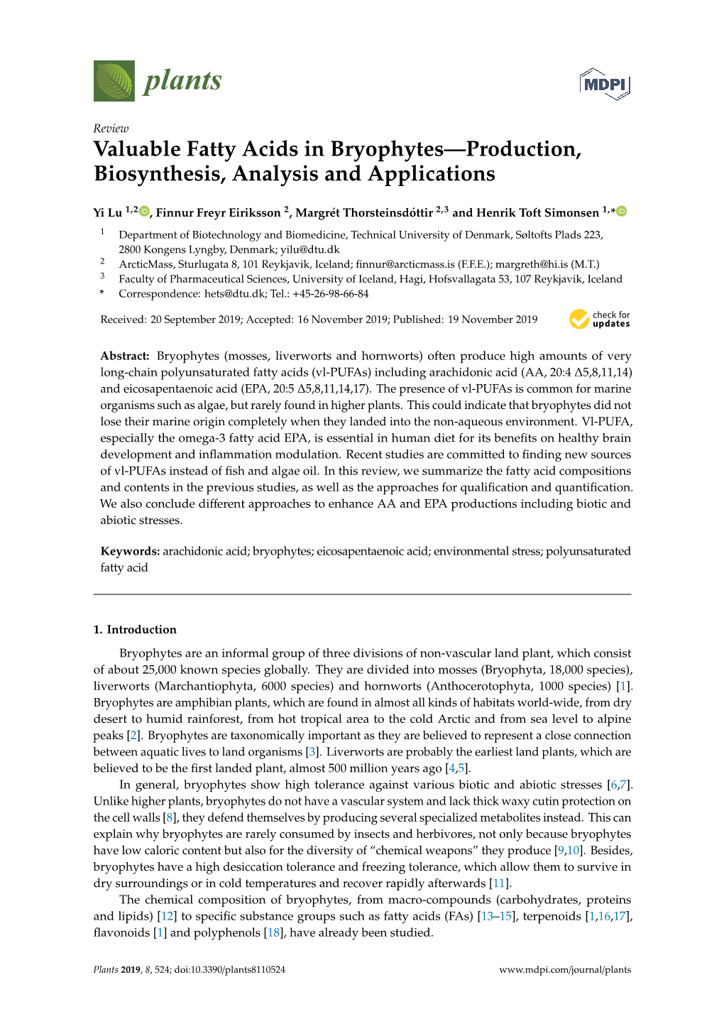 Valuable Fatty Acids in Bryophytes—Production, Biosynthesis, Analysis and Applications