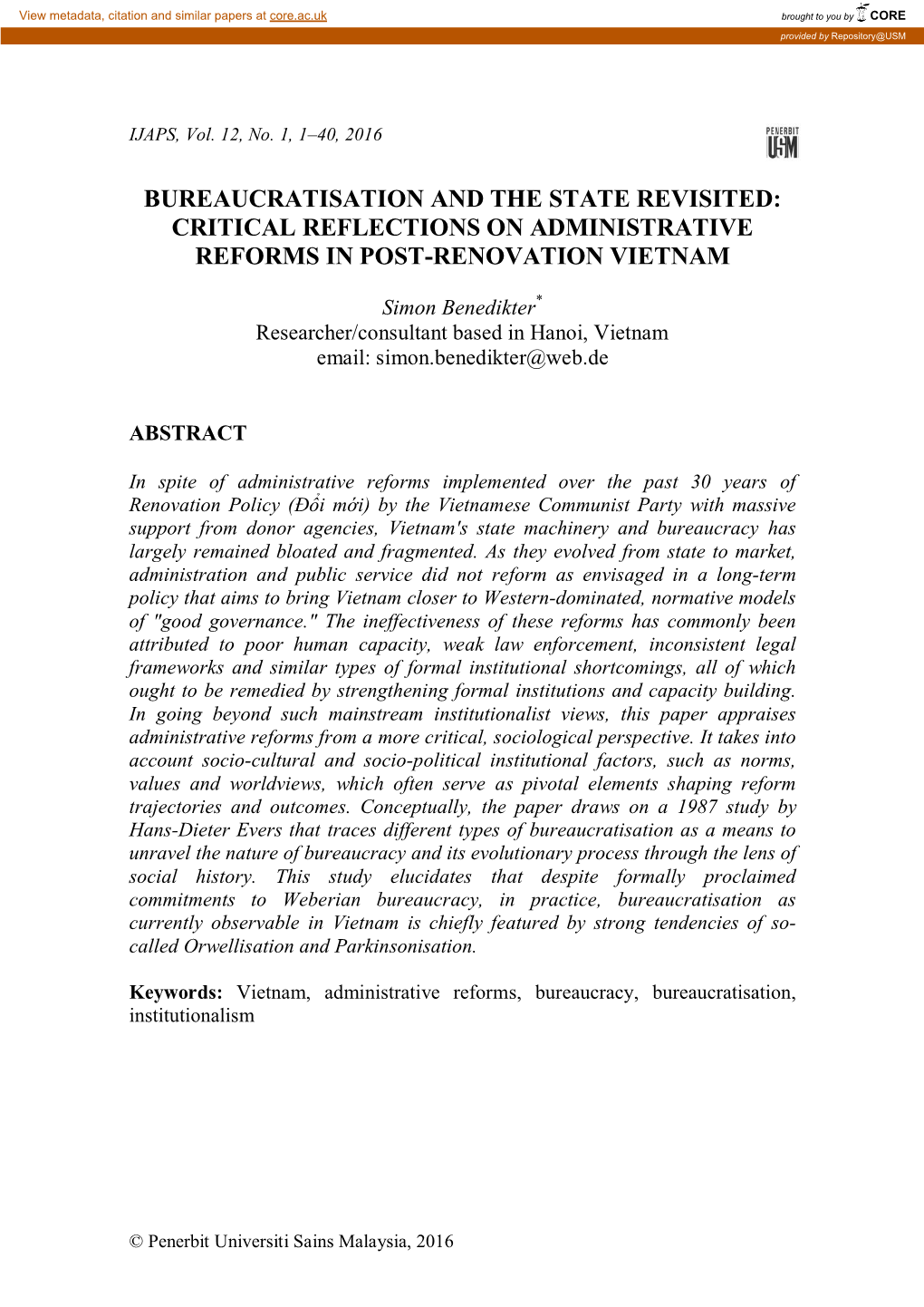 Critical Reflections on Administrative Reforms in Post-Renovation Vietnam