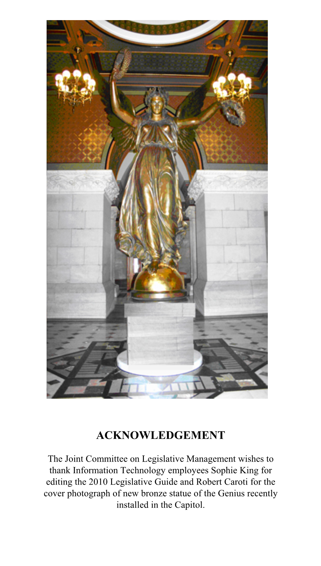 2010 Legislative Guide and Robert Caroti for the Cover Photograph of New Bronze Statue of the Genius Recently Installed in the Capitol