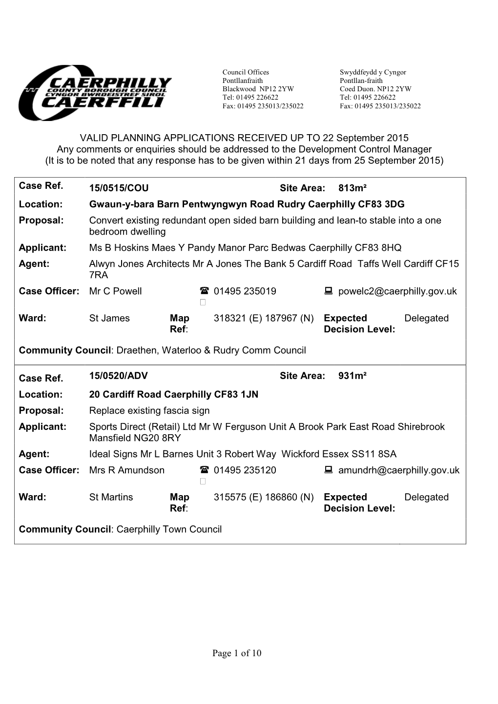 Page 1 of 10 VALID PLANNING APPLICATIONS RECEIVED up TO